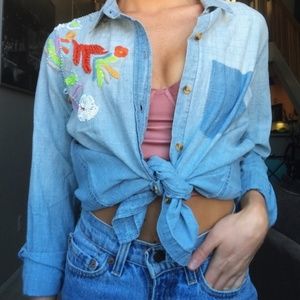 Anthropologie Denim button blouse w/ embroidery